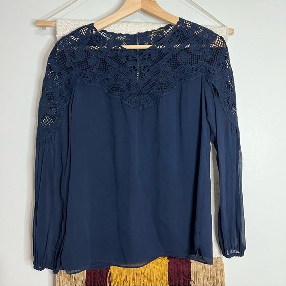 Kobi Halperin Serena Long-Sleeve Lace-Yoke Silk Blouse, Blue, size xsmall - Picture 3 of 7